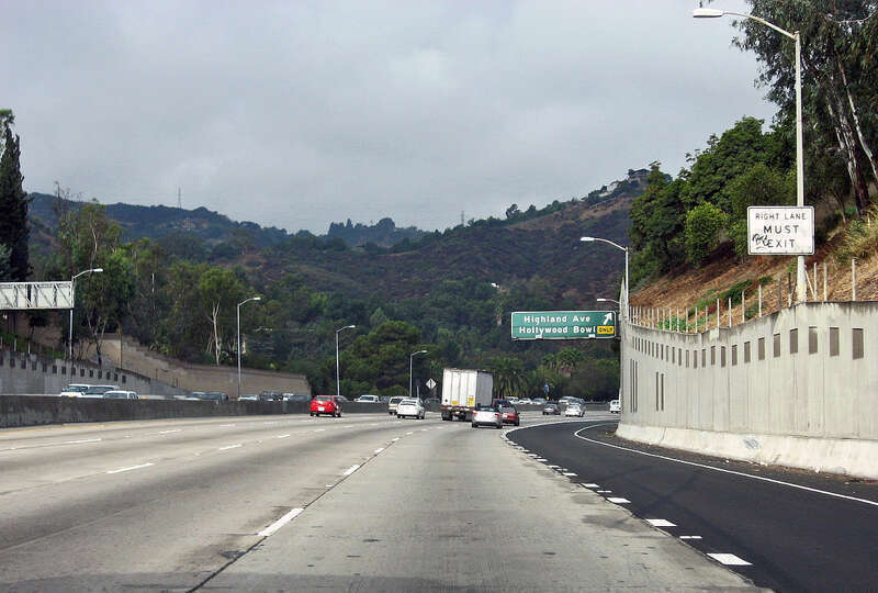 U.S. Route 101 northbound, just south of the exit to Highland Avenue and the Hollywood Bowl, in Los Angeles, California.
