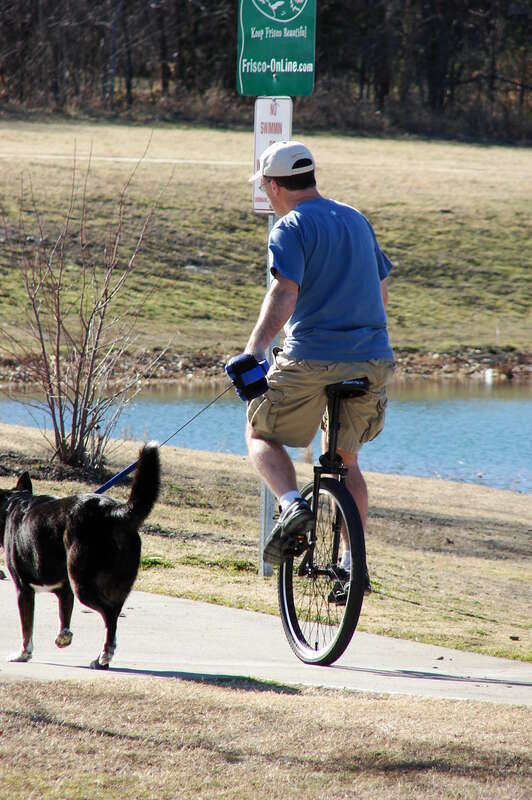 Man walking a dog while riding a unicycle at a park.