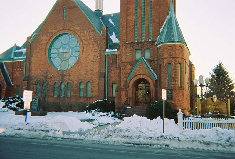 Another view of the historic United Methodist Church on the corner of South Ocean Avenue and Church Street in Patchogue, New York, this time not from the corner with Church Street.