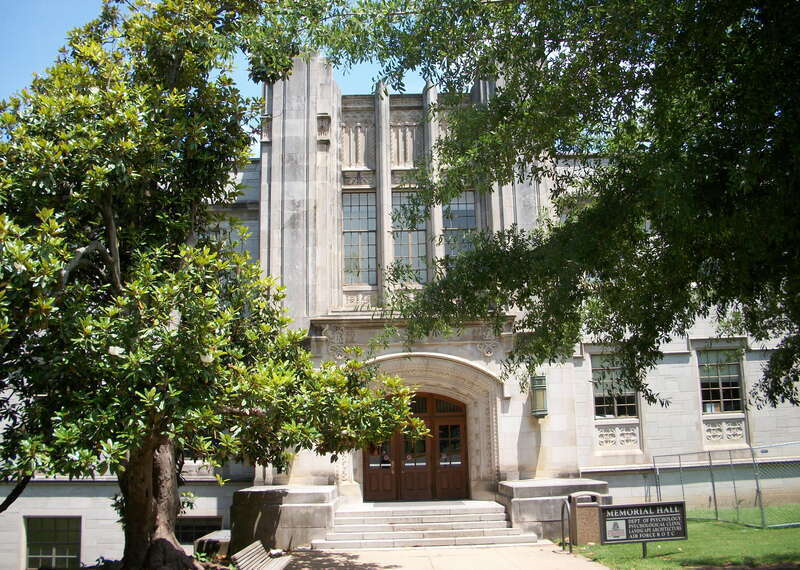 Memorial Hall at the University of Arkansas, Fayetteville, Arkansas, USA. It was added to the National Register of Historic Places on September 4, 1992.