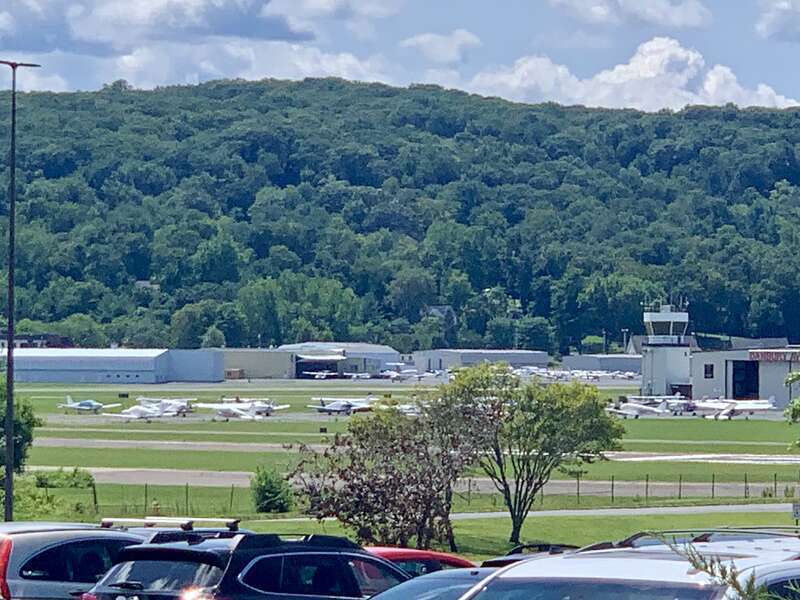 A view of Danbury Municipal Airport (KDXR) angled at Runway 17, taken from the southwest parking lot of the Danbury Fair Mall.