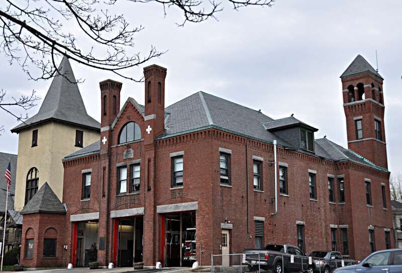 A photograph of the historic Moody Street Fire Station in Waltham, Massachusetts.