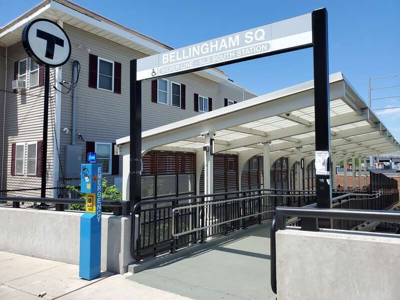 The Washington Street entrance to Bellingham Square station in July 2021