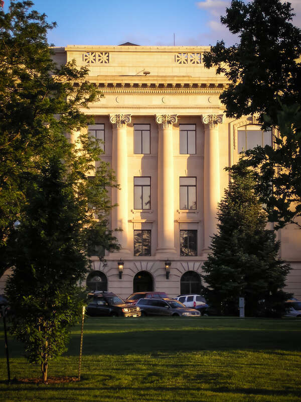 The Weld County Courthouse in Greeley, Colorado, USA, as viewed looking south from Lincoln Park.