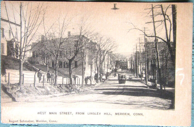 Undivided back postcard of West Main Street in Meriden, Connecticut, looking east from Linsley Hill