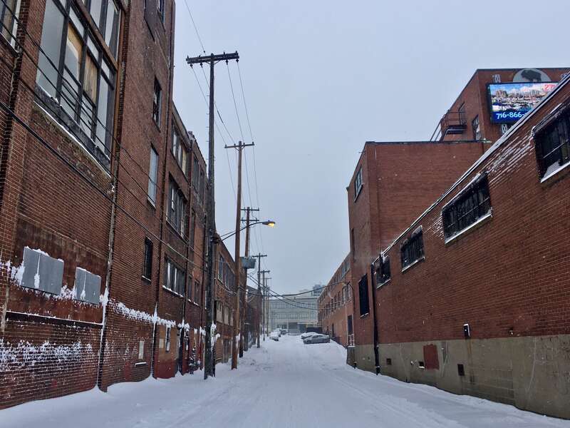 Looking northward along Mason Street between Auburn Avenue and Breckenridge Street in the Upper Black Rock Historic District, Buffalo, New York, February 2020. The former Sterling Engine Company building is on the left.