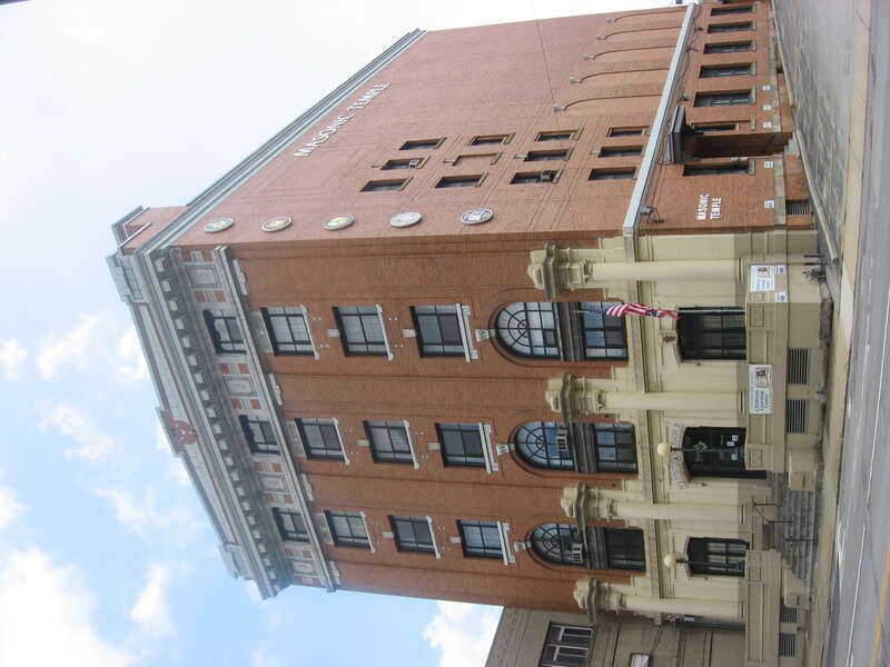 Front and southern side of the Youngstown Masonic Temple, located at 223-227 Wick Avenue in Youngstown, Ohio, United States.  Built in 1909, it is listed on the National Register of Historic Places.