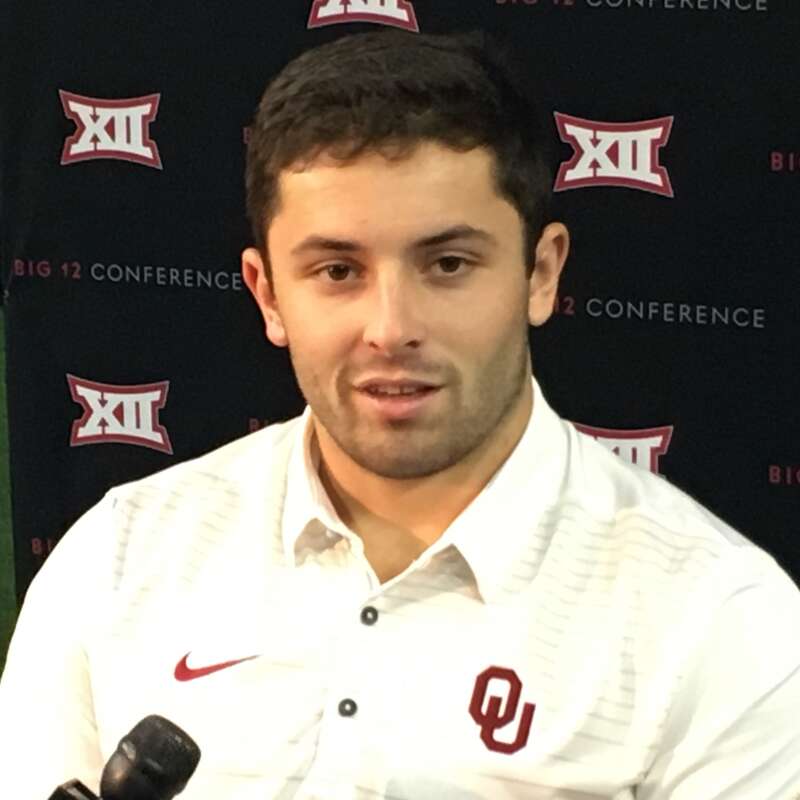 Baker Mayfield, quarterback of the Oklahoma Sooners football team, at the 2017 Big 12 Conference Media Days in Frisco, Texas.