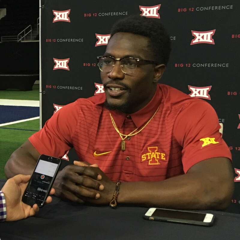 Brian Peavy, defensive back for the Iowa State Cyclones football team, at the 2017 Big 12 Conference Media Days in Frisco, Texas.