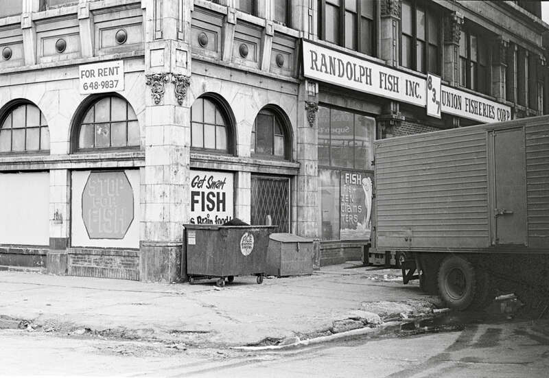 Randolph Fish, part of the wholesale fish market in this area, at 837 W. Randolph, SW corner of Randolph and Green, in 1979. Building is currently (2022) residential.