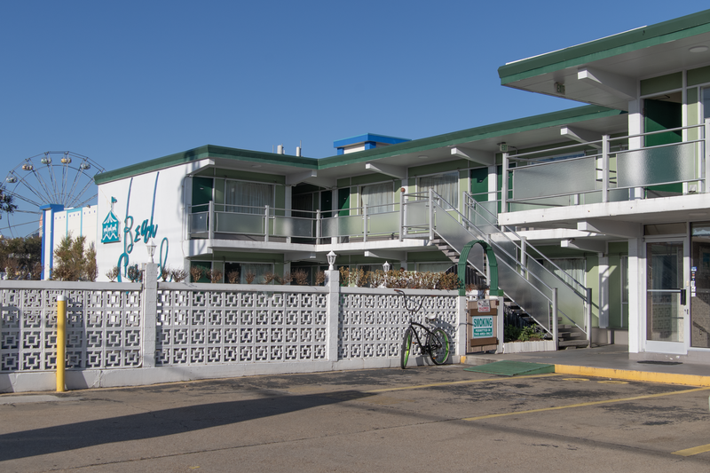 Beach Carousel Motel Facing north from in front of the hotel sign, viewing the office and swimming pool