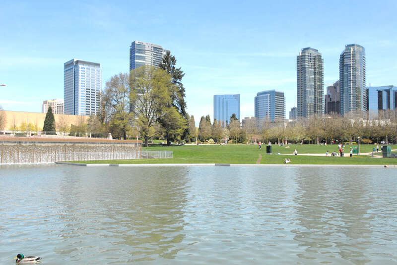 Image of Bellevue's Downtown Park, looking northeast.