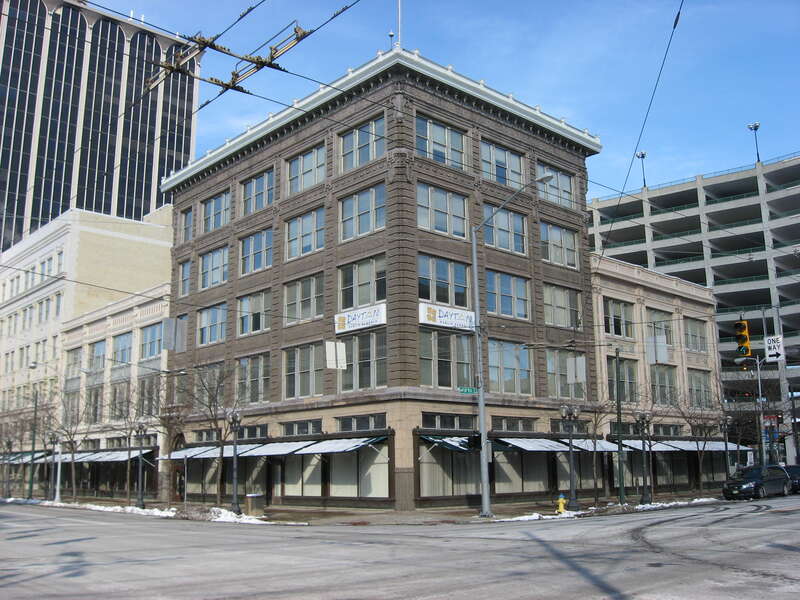 Buildings on the northeastern corner of the junction of Fifth and Ludlow Streets in downtown Dayton, Ohio, United States.  This block is part of the Dayton Terra-Cotta Historic District, a historic district that is listed on the National Register of