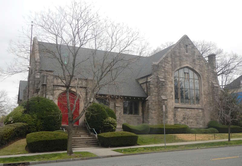 Looking north across Heller Parkway at church on a cloudy afternoon. Formerly Forest Hill Presbyterian Church, as of 2023 this building is Newark Christian Fellowship, a non-denominational bilingual Chinese-English congregation.