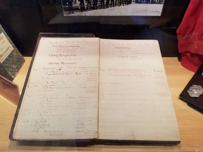 1892-1893 HFD Accountant book, which recorded the date that HFD became a paid fire department, March 1st 1893.  Photo by author.