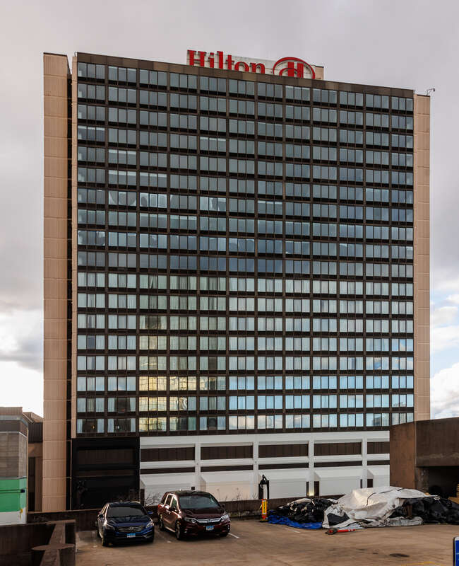 Hartford Hilton, Connecticut. Viewed from parking garage across Trumbull street.