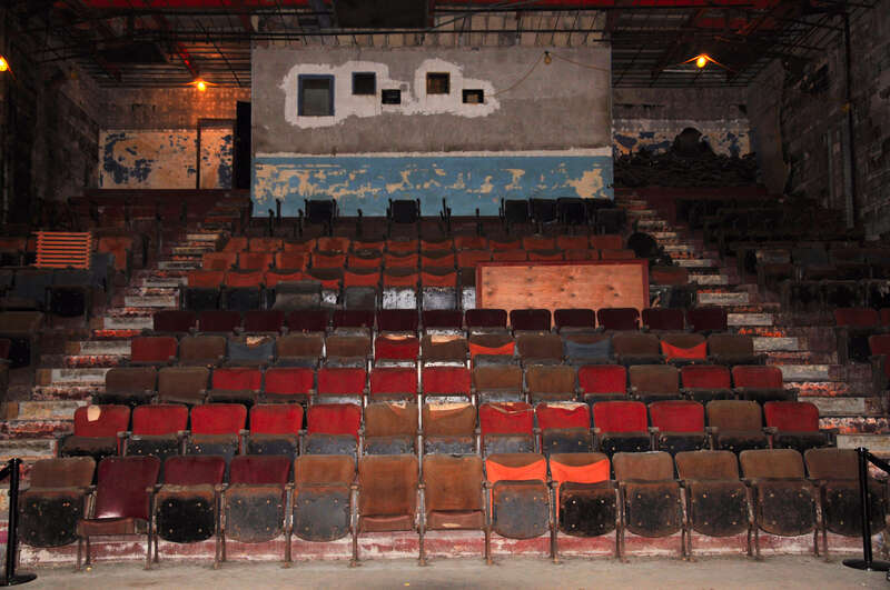 The upper rows of seats in the Hollywood Theater, an NRHP-listed Art Deco movie theater in Northeast Minneapolis, as it appeared in May of 2010.