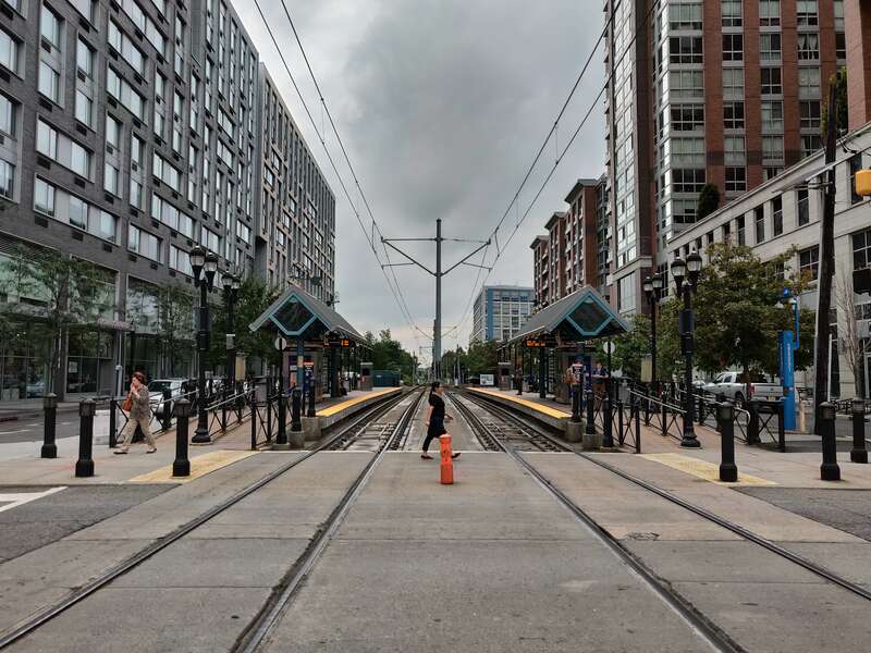 The "Marin Boulevard" Hudson-Bergen Light Rail Station in Jersey City, New Jersey, USA. The photographer is facing west from the Marin Boulevard crossing.