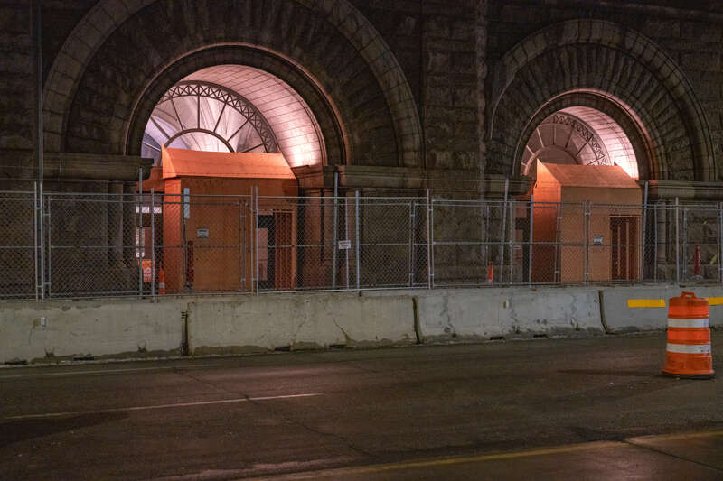 March 2, 2021 - Minneapolis -- Boards cover entrance doors to Minneapolis City Hall. Security in place prior to the start of the Derek Chauvin Trial. Derek Chauvin is charged in the May 25th murder of George Floyd.