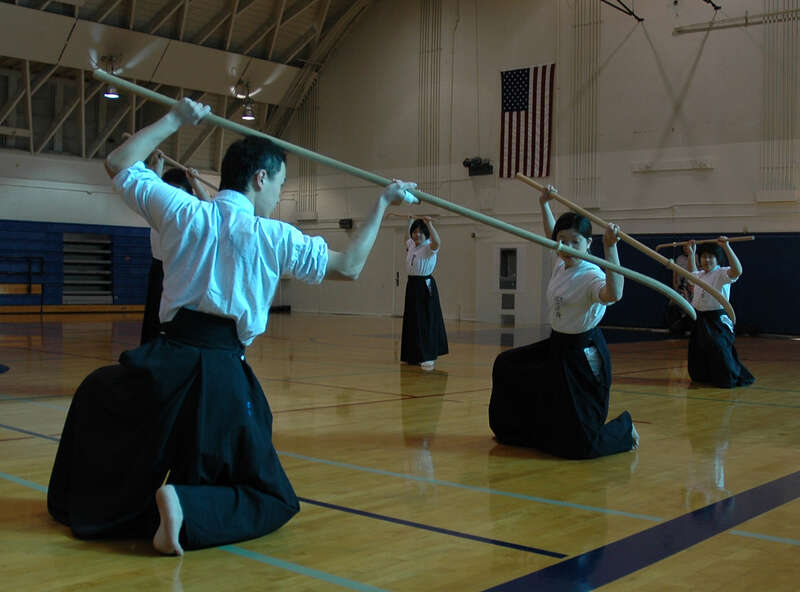 Final pose from the International Budo University's rhythm naginata (think synchronized swimming) routine demonstration at El Camino College.