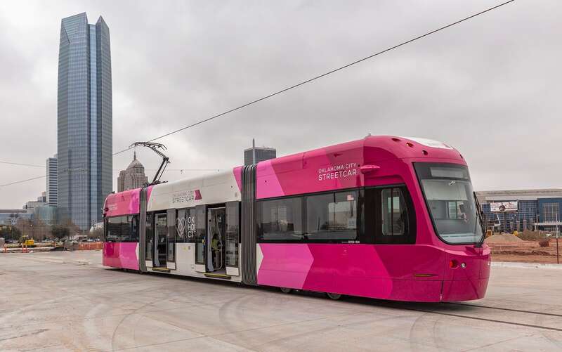 The first Brookville Liberty Modern Streetcar for the new Oklahoma City Streetcar line, which was under construction at the time (and had not yet opened for service), during testing.  The location is on South Hudson Avenue between SW 3rd Street and