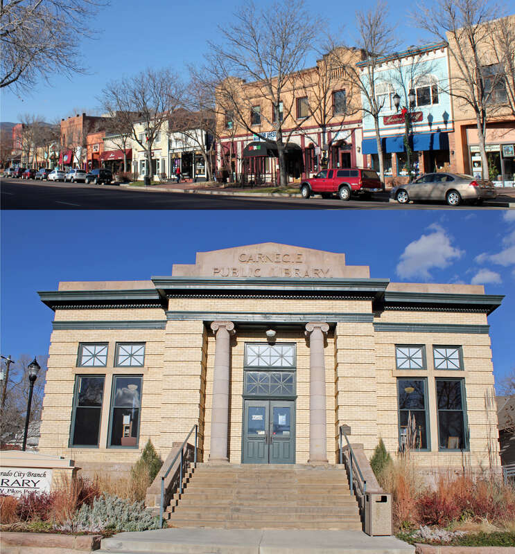 Some of properties that comprise the Old Colorado City Historic Commercial District in Colorado Springs, Colorado. The Historic District is listed on the National Register of Historic Places. The top panel of the montage shows a section of the north