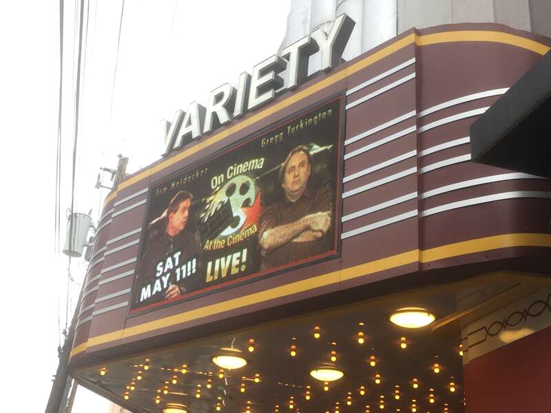 Marquee for the On Cinema Live show at the Varsity playhouse in Atlanta on May 11, 2019