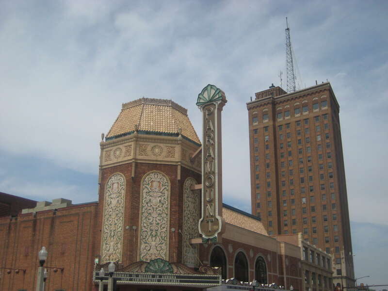 foreground: the Paramount Theatre; background: Leland Tower