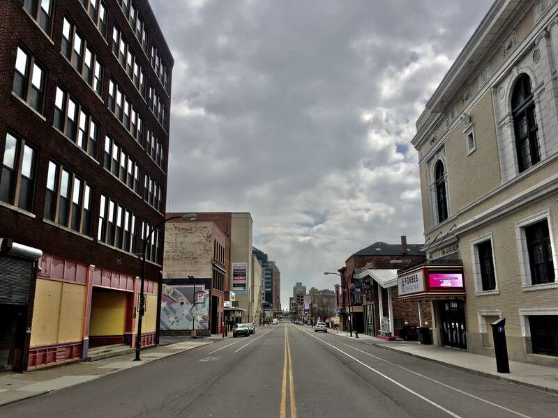 Looking southward down Pearl Street from just past the corner of West Tupper Street in downtown Buffalo, New York, April 2020.