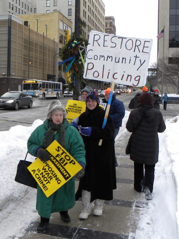 Minneapolis, Minnesota
January 25, 2011
There were protests in cities around the world on January 25 in solidarity with peace activists who have been raided and subpoenaed by the FBI. This protest was sponsored by the Committee to Stop FBI