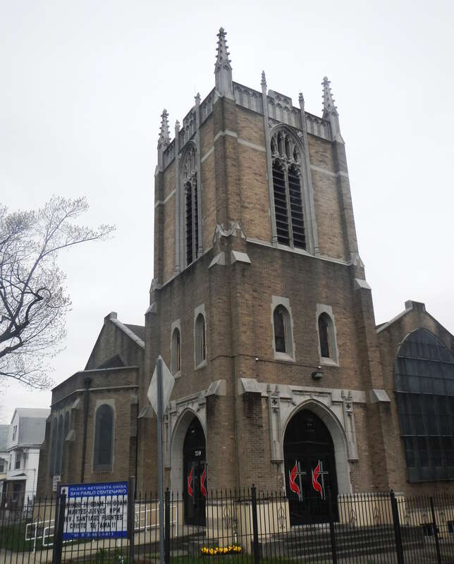 Looking east across Mount Prospect Avenue at Saint Paul Centenary Methodist Church.