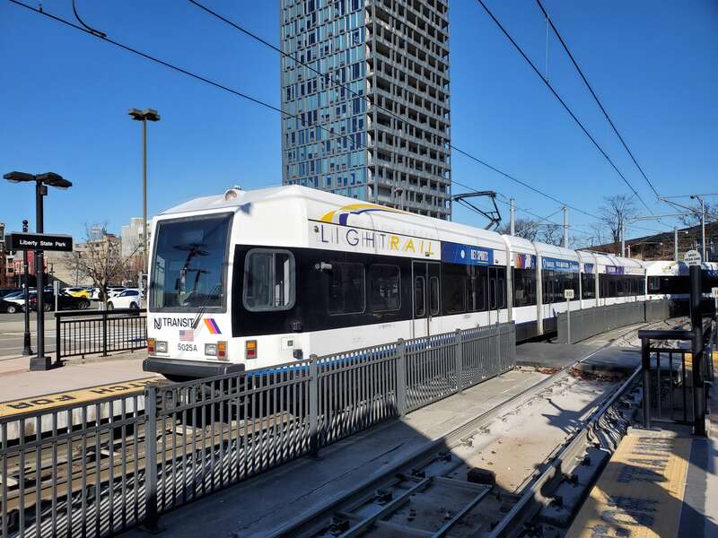 A southbound train arriving at Liberty State Park station in December 2024