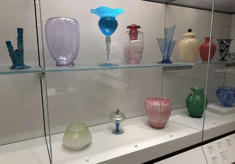 Various pieces by Steuben Glass Works displayed at the Chrysler Museum of Art.