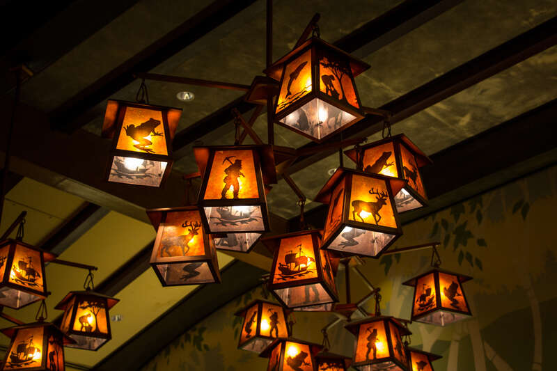 A lamp inside the lovely Storyteller's Cafe at the Grand Californian.