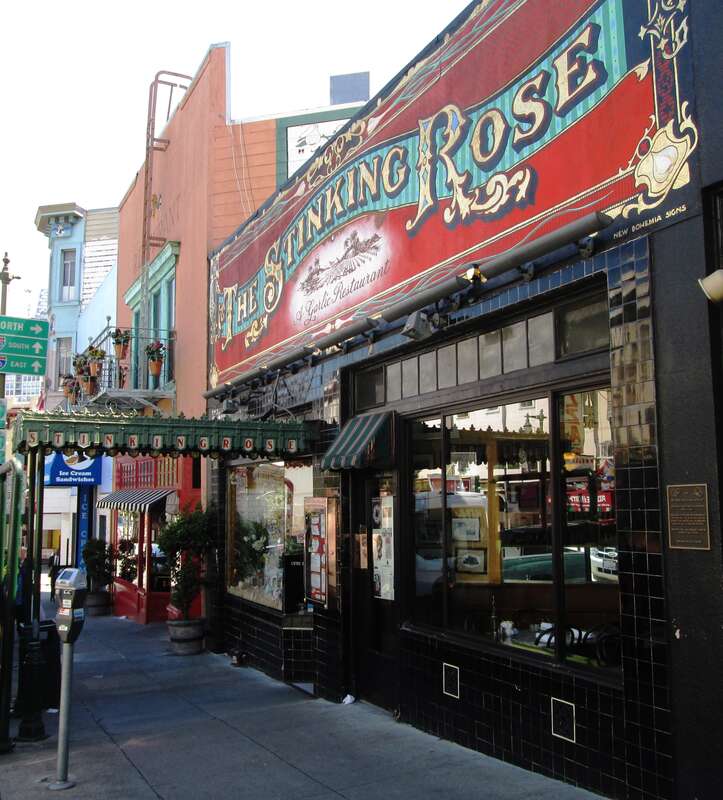 The Stinking Rose restaurant at 325 Columbus Avenue between Broadway and Vallejo Street in San Francisco, California was founded in 1991, and is San Francisco's first garlic restaurant, &quot;the stinking rose&quot; being a name for garlic coined by Roman