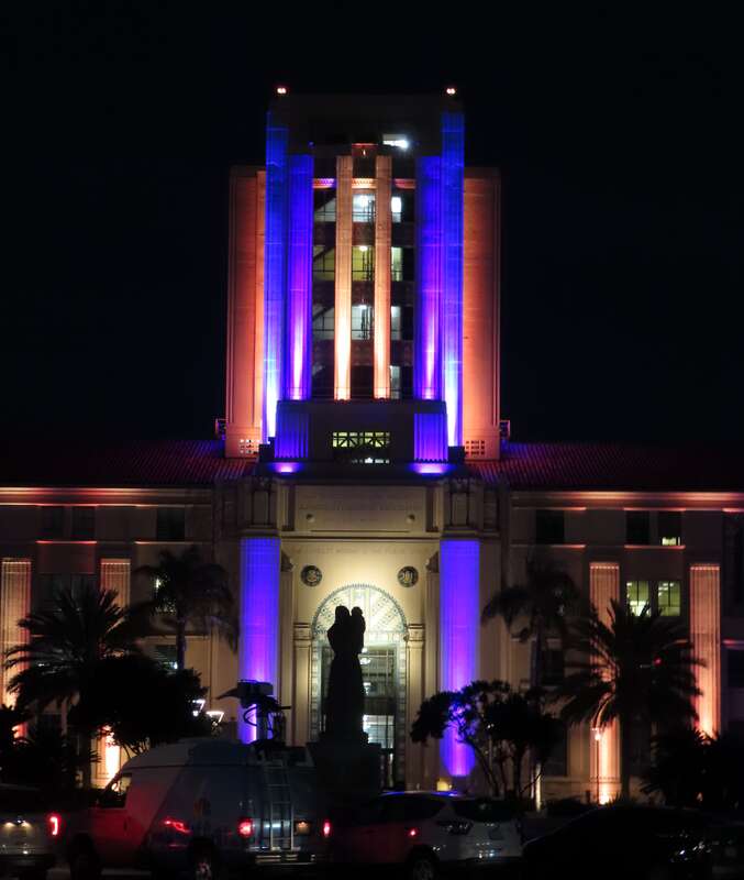 The San Diego Waterfront Area is a colourful promenade at night