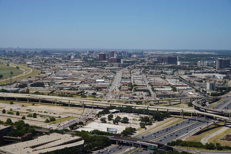 A view of Riverfront Boulevard and the surrounding neighborhood from the GeO-Deck of Reunion Tower in Dallas, Texas (United States).