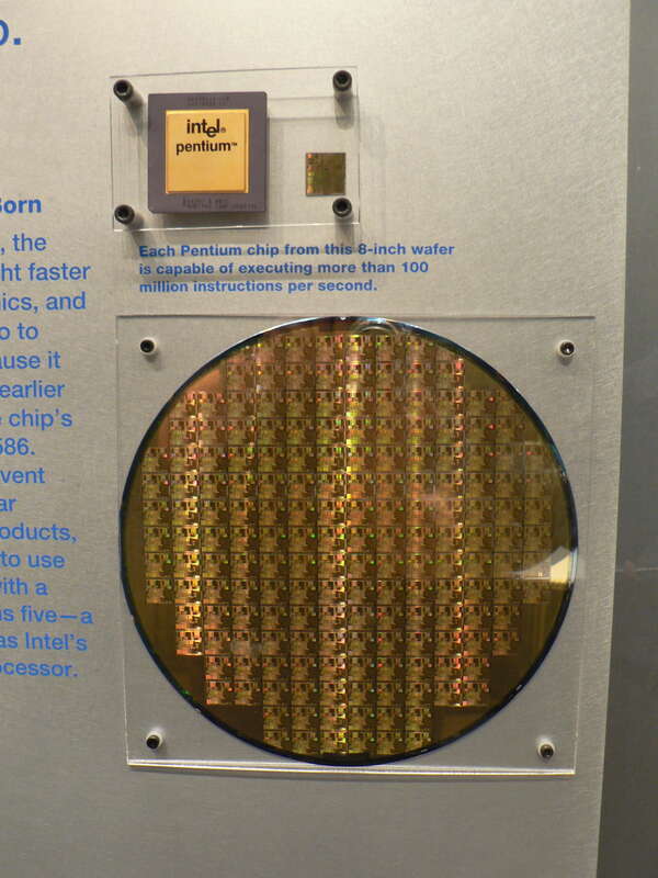 8-inch silicon wafer with multiple intel Pentium chips on it