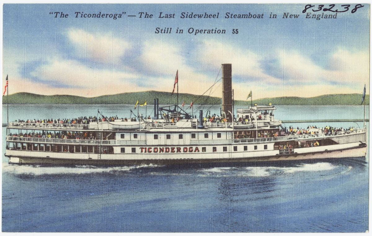 Title: "The Ticonderoga" -- the last sidewheel steamboat in New England still in operation
File name: 06_10_002163
Created/published: Pub. by Riverside Paper Co., Burlington, Vt.;
"Tichnor Quality Views"; reg, U.S.Pat.Off.; made only by Tichnor