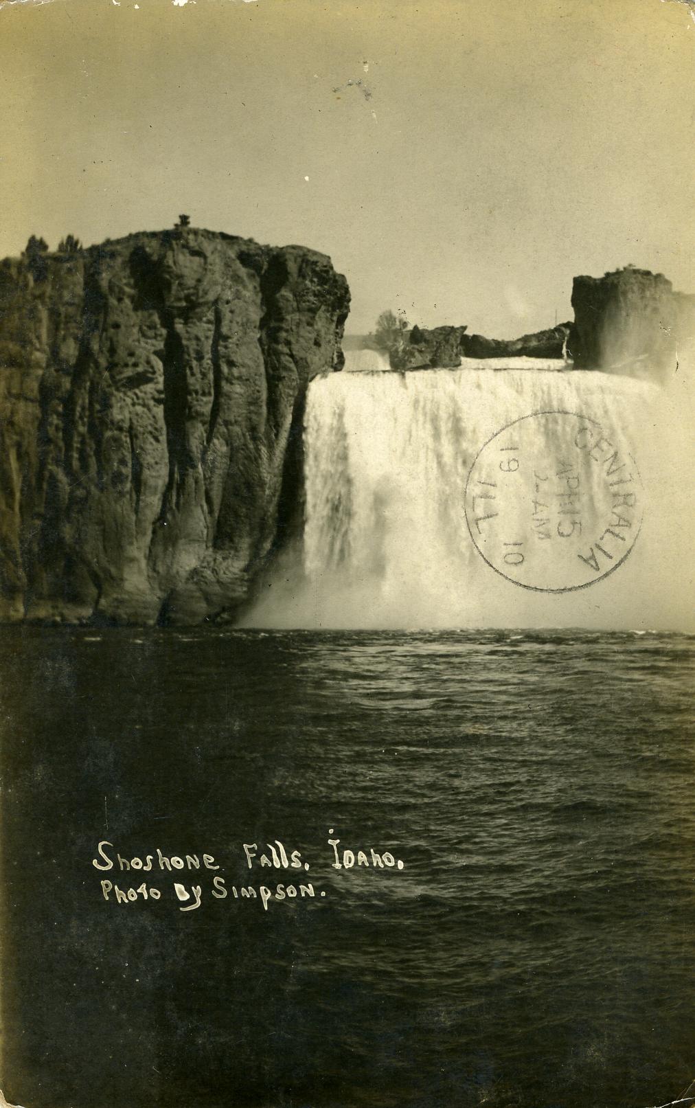 Image Title: Snake River - Shoshone Falls
Date: c.1910
Place: Shoshone Falls, Snake River, Twin Falls, Idaho
Description/Caption: Shoshone Falls, Idaho.
Medium: Real Photo Postcard (RPPC)
Photographer/Maker: Photo by Simpson.
Cite as: ID-B-0059,