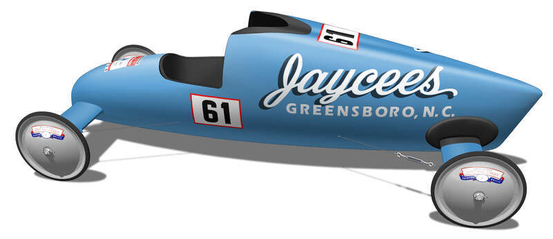 Illustration of a vintage Soap Box Derby racer designed, constructed and piloted by Joseph M. Harmon of Greensboro, NC. Joe, who won the 1959 local Championship in Greensboro, went on to compete at the 22nd All-American World Championship in Akron,