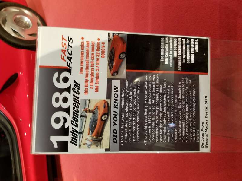 Picture of a plaque with a description of the 1986 Chevy Corvette Indy Concept. Taken at the National Corvette Museum in Bowling Green, KY.
