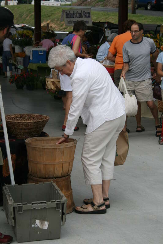 Shoppers at the Durham Farmers' Market in the Durham Central Park Pavilion in Durham, North Carolina.