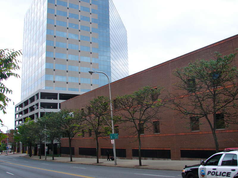 Former site of the Philips-Thompson Buildings, on the NRHP since April 16, 1980, at 200-206 E. 4th St., Wilmington, Delaware.  
Looking south toward a bank, and behind it the Public Safety Building (JP).
Obviously torn down, the buildings served the