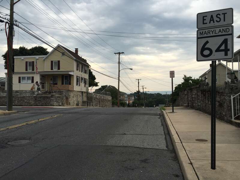 View east along Maryland State Route 64 (Jefferson Street) at Cleveland Avenue in Hagerstown, Washington County, Maryland