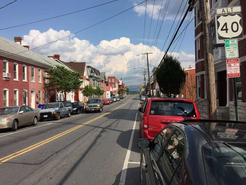 View east along U.S. Route 40 Alternate (Baltimore Street) between Locust Street and Mulberry Street in Hagerstown, Washington County, Maryland