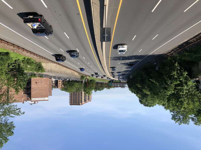 View north along New Jersey State Route 444 (Garden State Parkway) from the overpass for Essex County Route 658 (Park Avenue) in East Orange, Essex County, New Jersey