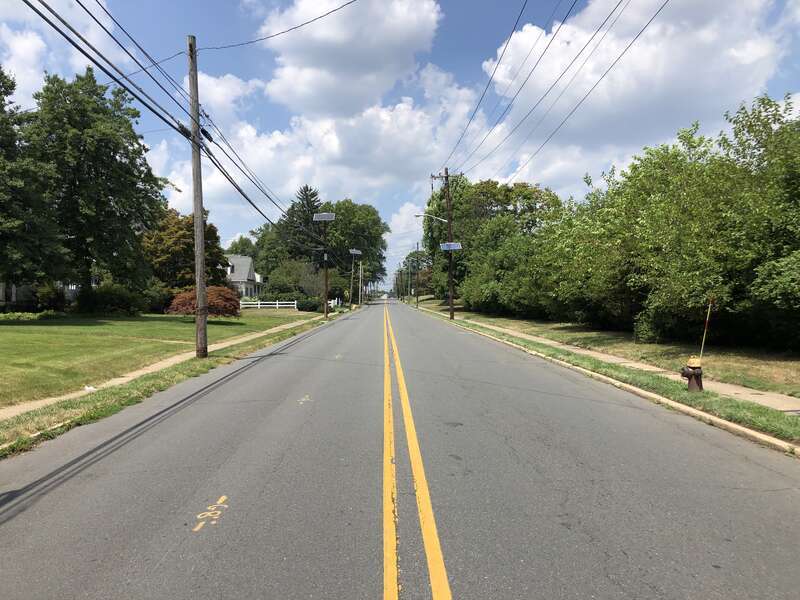 View north along Mercer County Route 579 (Grand Avenue) at Trenton Avenue in Ewing Township, Mercer County, New Jersey