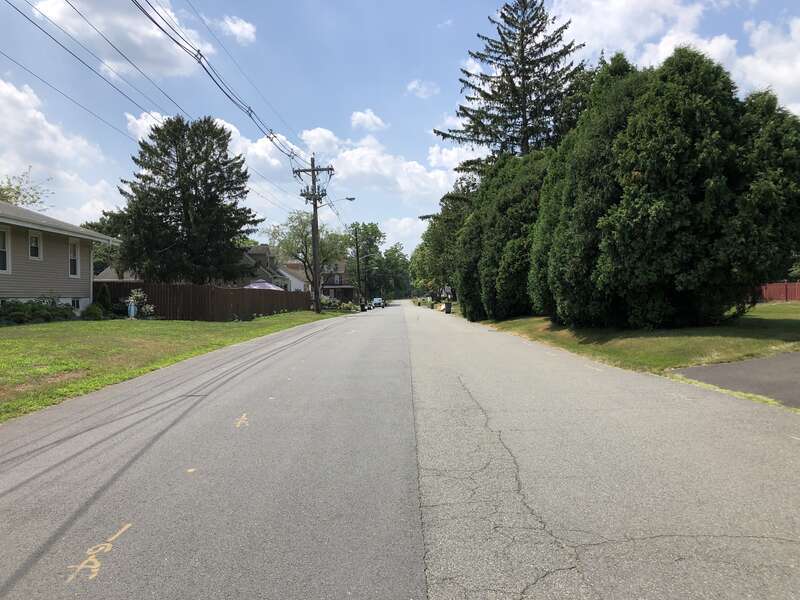 View southwest along Trenton Avenue at Mercer County Route 579 (Grand Avenue) in Ewing Township, Mercer County, New Jersey