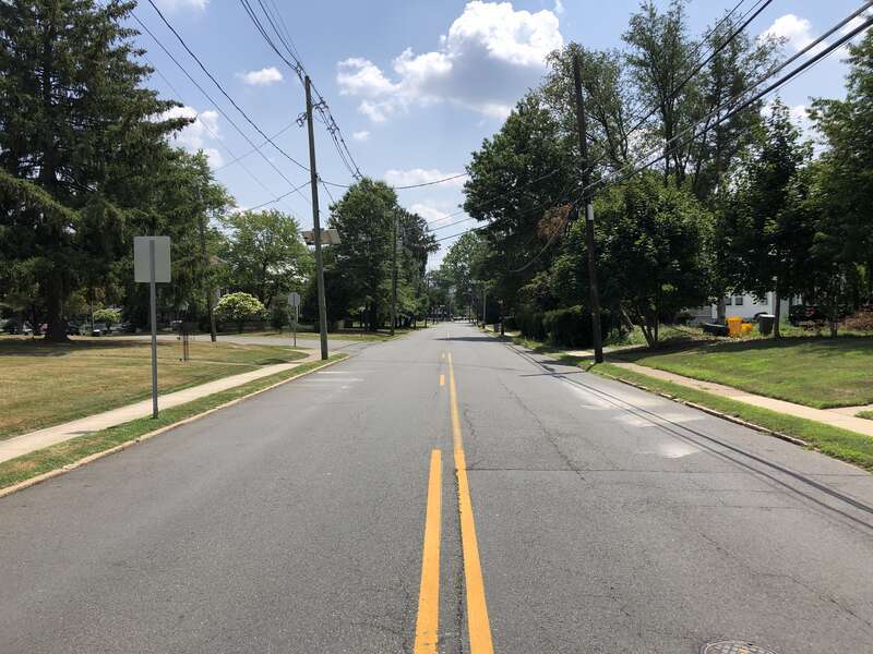 View south along Mercer County Route 579 (Grand Avenue) at Trenton Avenue in Ewing Township, Mercer County, New Jersey